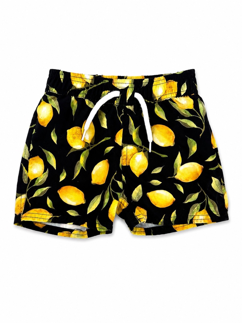 Starting Out Lemon Print Swim Trunks 12-18M | Citrus Black Drawstring Trunks